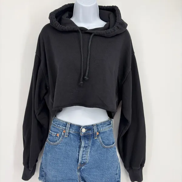 TNA‎ Aritzia Airyaf Women Fleece Crop Hoodie Black Size 2 XS Boxy Sweatshirt - Image 2
