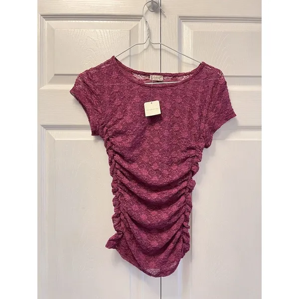 FREE PEOPLE Keep it simple lace baby tee In Dramatic Orchid Pink‎ purple Size S - Image 4
