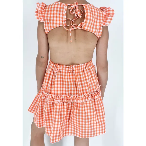 SheIn Women’s Orange Gingham Cut Out Open Back Tie Ruffle Dress Size XS - Image 3