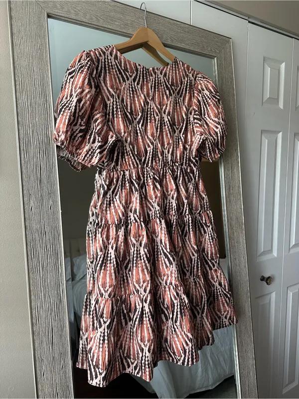 Hutch Anthropologie Brown Printed V-Neck Puff Sleeve Mini Dress Size Medium - Image 3