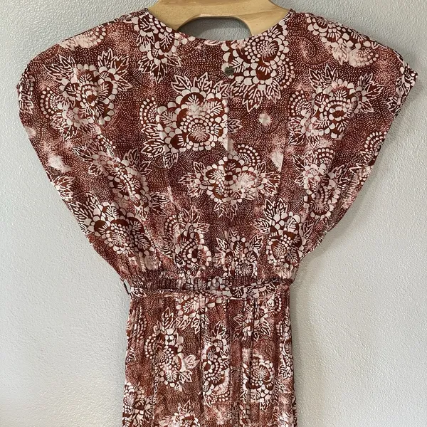 Rip Curl Dress Size Small Brown Ivory Floral Short Sleeve Wrap V-Neck Maxi‎ Boho - Image 8