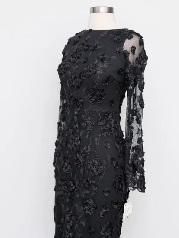 AQUA Formal - Black 3D‎ Floral Appliqué Sheer Sleeve Midi Dress - Image 9