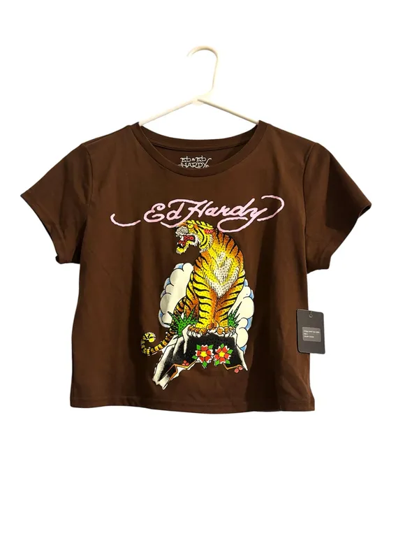 Ed Hardy Brown Cropped Tee with Tiger Graphic - Image 3