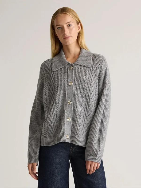 Quince Australian Merino Wool Collared Cable Cardigan Heather Grey XS - Image 4