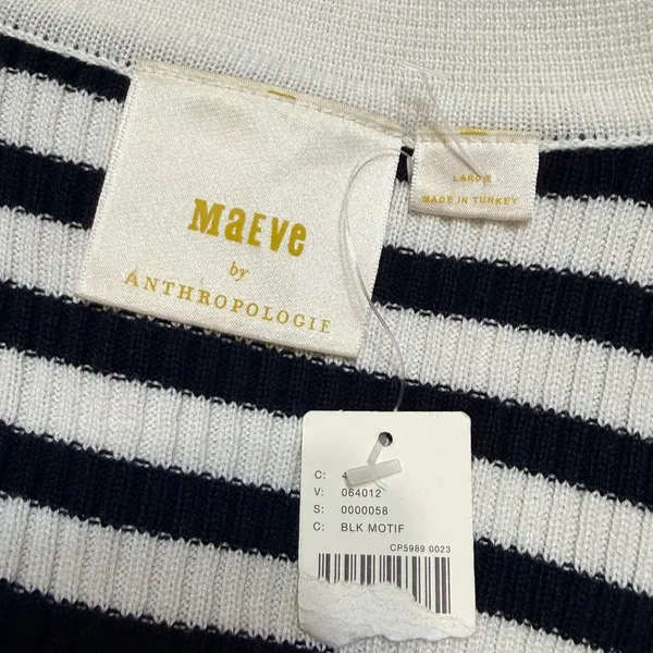 Maeve by Anthropologie Striped Ribbed‎ Polo Sweater Gold Cuff Black White L - Image 4