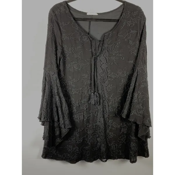 Altar'd State Black Embroidered Boho Tunic Medium Bell Sleeve Lace Top Festival - Image 2