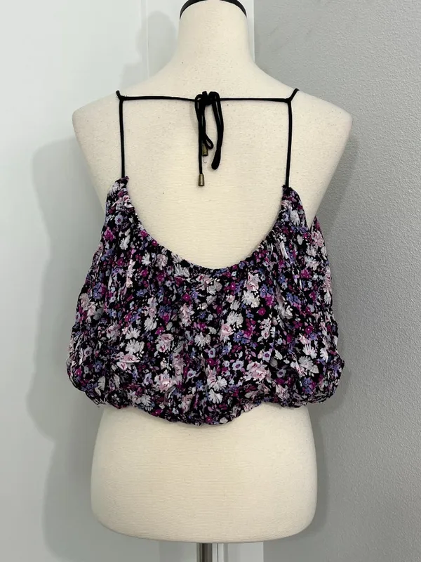 Free People Small Floral Print Drawstring Bubble Hem Crop Top - Image 2