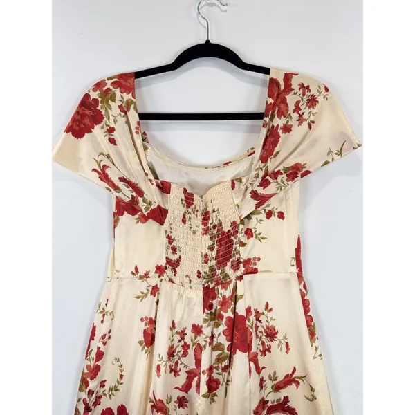 Reformation Mini Dress Beige Lanelle Silk Floral Off Shoulder Satin Smocked XS - Image 8