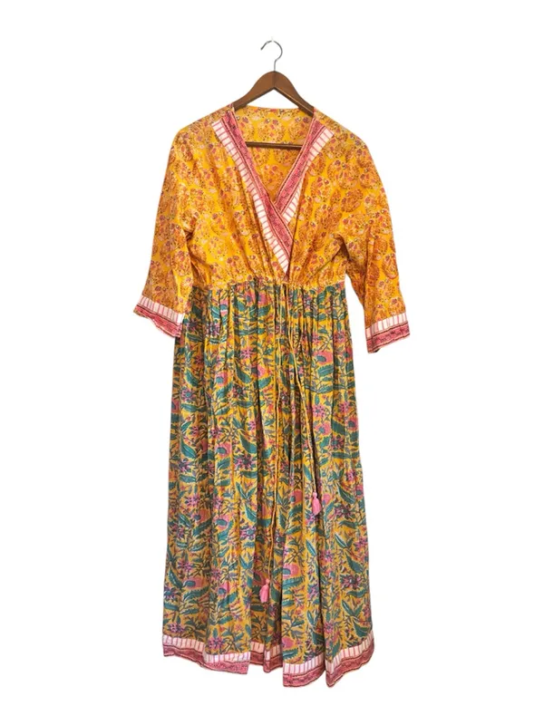 Women's Boho Ethnic Cotton Kurta Yellow Surplice Neck Maxi Dress - Image 2