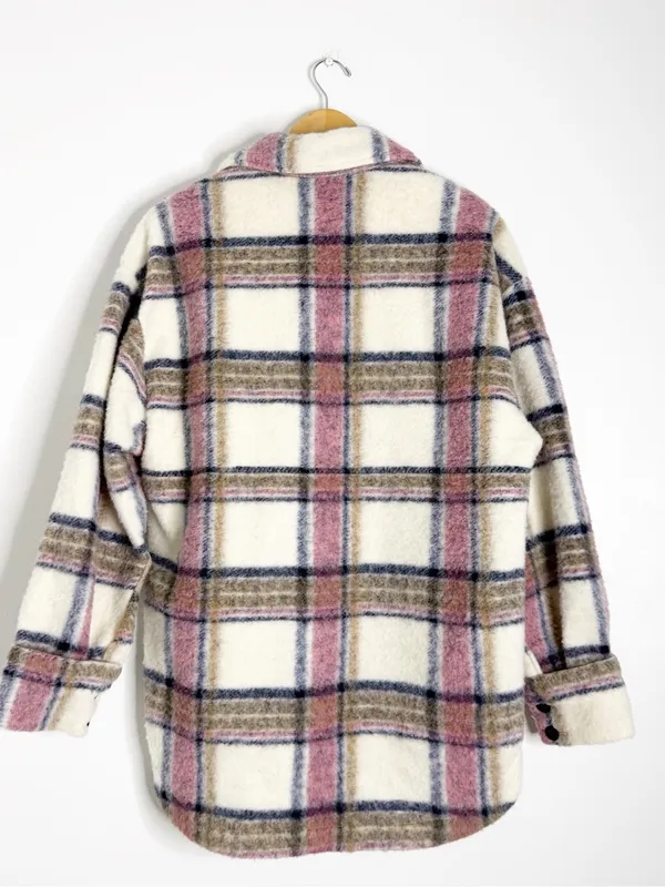 Zara Plaid Overshirt Jacket Size M Pink Cream Shacket Button Front - Image 2