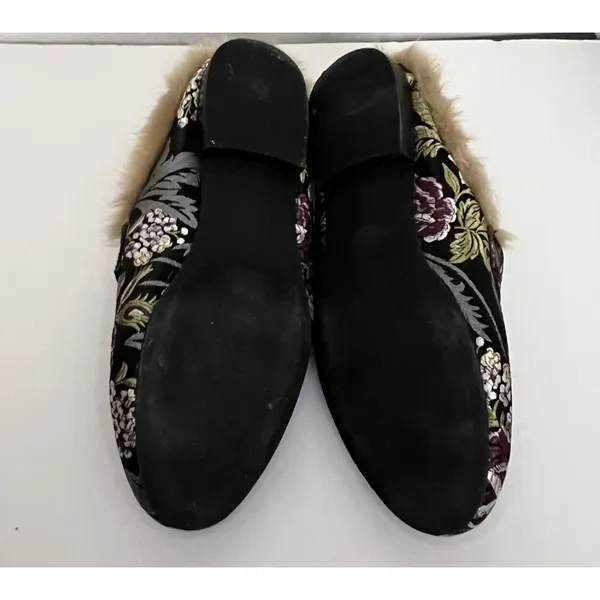 Steve‎ Madden Kaden Mules Women 7.5 Black Floral Brocade Faux Fur Lined KADE01S1 - Image 9