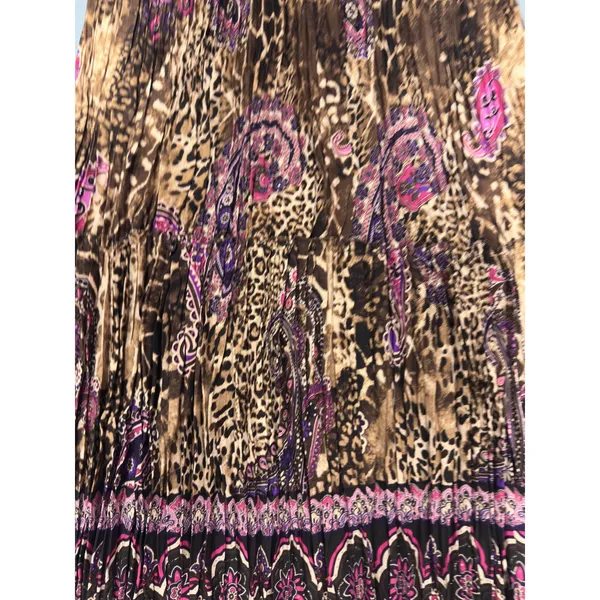 Y2k Leopard Paisley Print Pleated Midi Skirt Purple Brown Smocked Waist Medium - Image 7