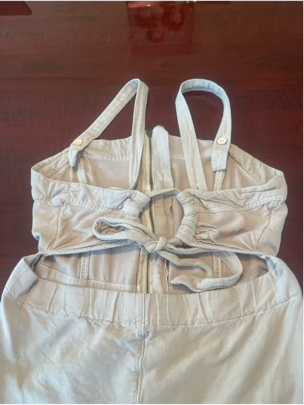 Free People Call On Me Tan Linen Blend Zip Front Wide Leg Jumpsuit Size XL - Image 13