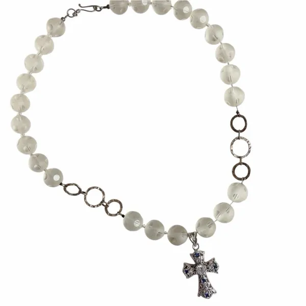 Sterling silver 925 Cross Pendant Frosted Glass Bead Necklace - Image 8