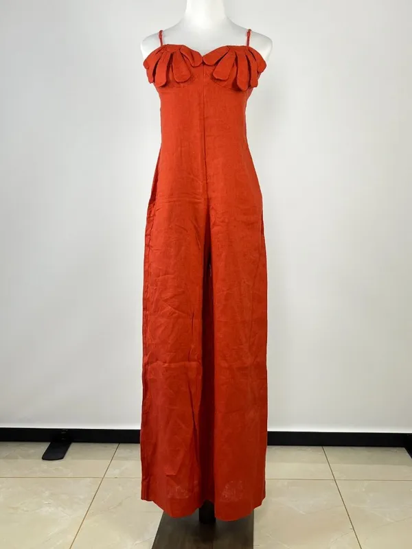 NWOT Farm Rio Red 3D Petals Bodice Euroflax Premium Linen Jumpsuit M Wide-Leg - Image 6