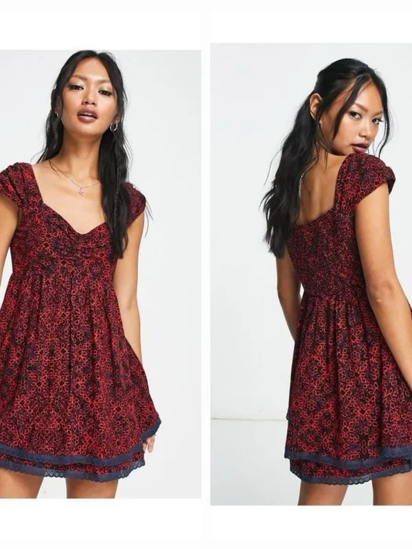 FREE PEOPLE Tabitha Smocked Mini Dress MEDIUM Red Navy Blue Floral - Image 16