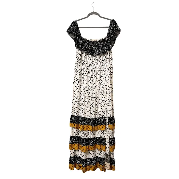 Les Sereine Off Shoulder Smocked Maxi Dress Mixed Print Tiered Slit Large - Image 2