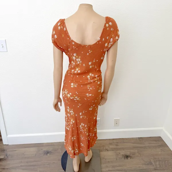 [Nikki Erin] Orange Floral Print Cap Sleeve Peasant Midi Slip Dress Size Large L - Image 3