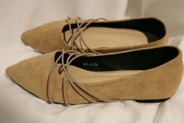 Tan Suede Pointed Toe Flats Ballet Cross Front Straps Strappy Detail - Image 7