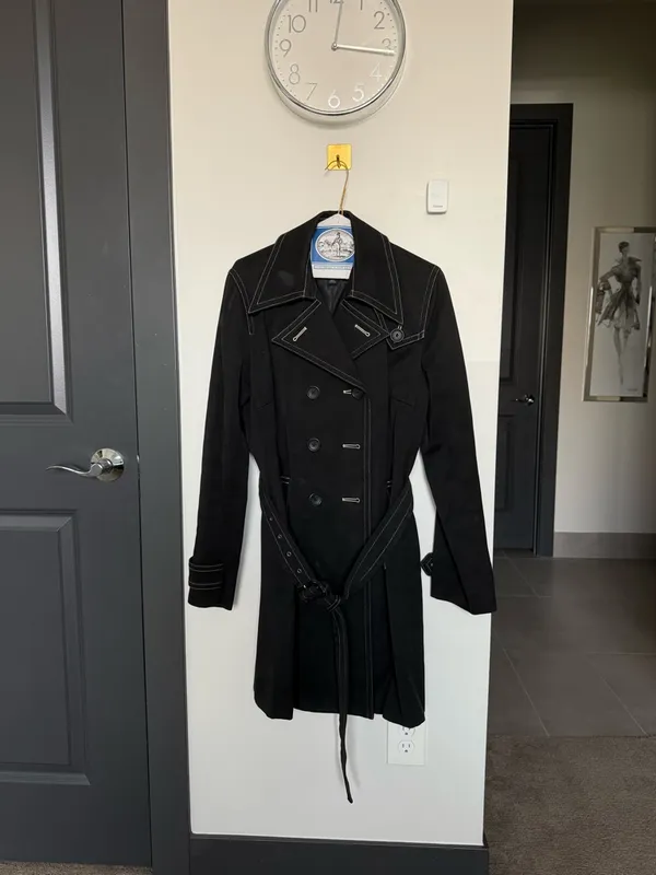 Vintage Banana Republic Black Cotton Trench Coat Contrast Stitch Belted L - Image 6