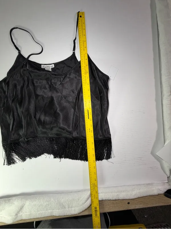 Linea Donatella Black Satin Camisole and Fringe Robe Set - Image 5