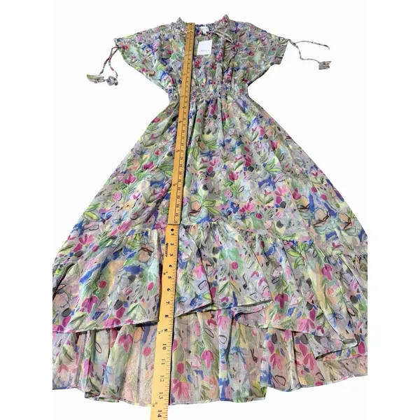 MISA Los Angeles Dress Small Watercolor Floral Midi Smocked Rainbow Boho #BB13-1 - Image 4