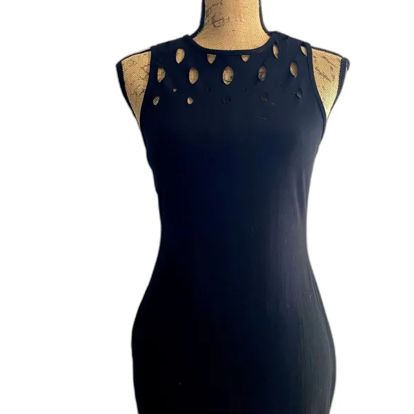 Trouve‎ Black Laser Cut Out Sleeveless Bodycon Midi Dress Goth Party LBD Size XS - Image 2