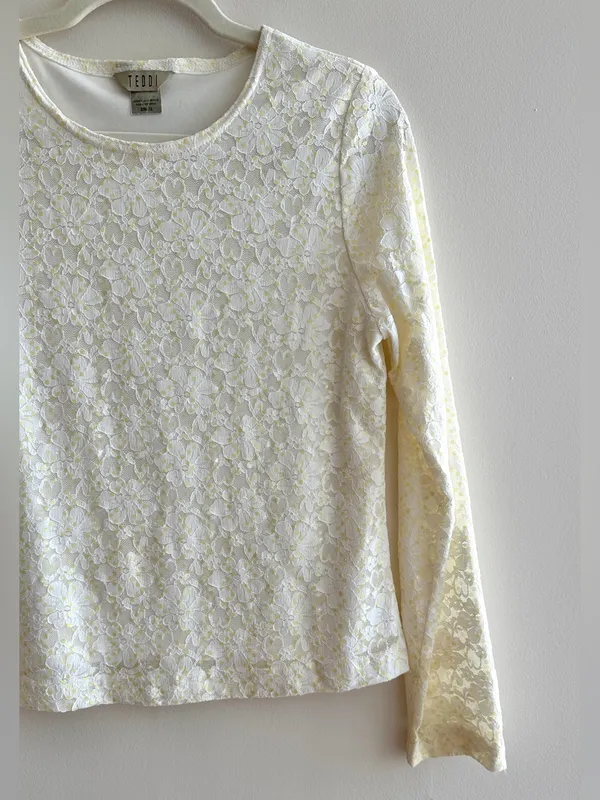 TEDDI Long Sleeve Floral Lace Sequin Blouse, White/Yellow, Size Small - Image 3