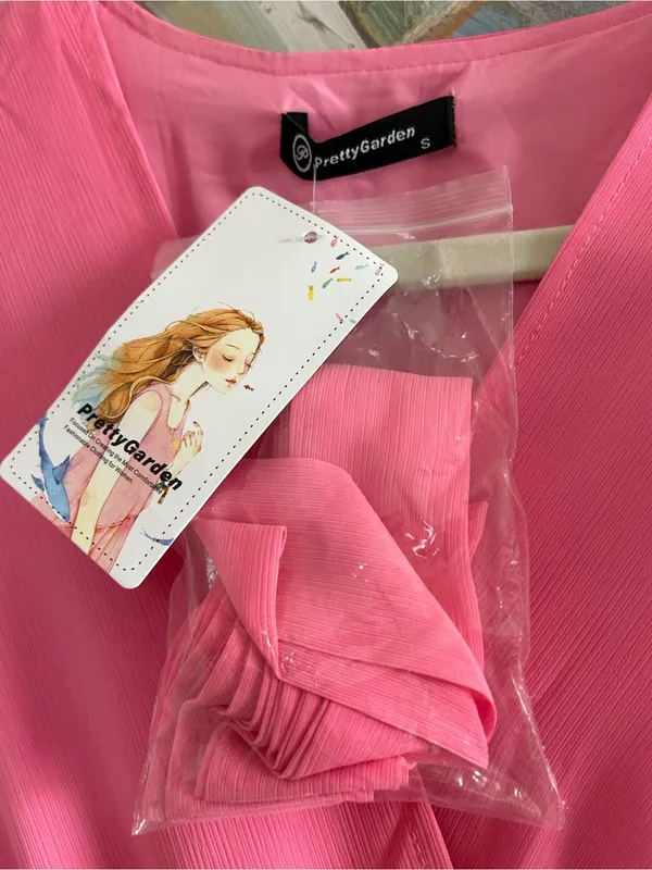 Prettygarden pink boho flowy Maxi wrap dress V Neck short Ruffle sleeve NWT SM - Image 8