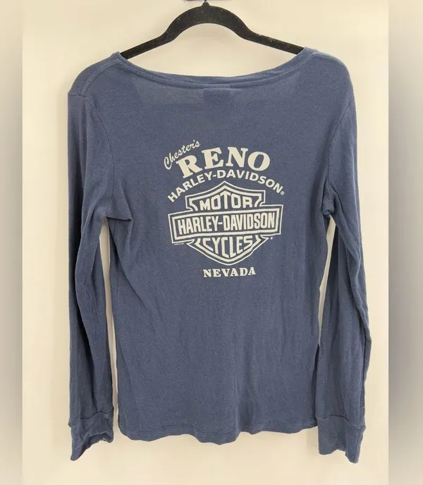 Harley Davidson Women's Henley V Neck Long Sleeve 2013 Nevada Navy Size Medium - Image 8