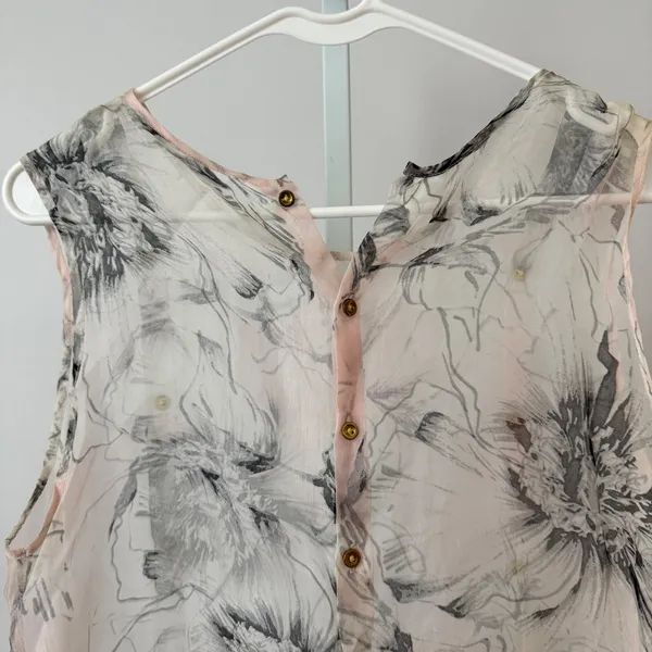 Silk Floral Boho Fairy Ethereal Tie Waist Sleeveless Blouse Pink Cream S - Image 2