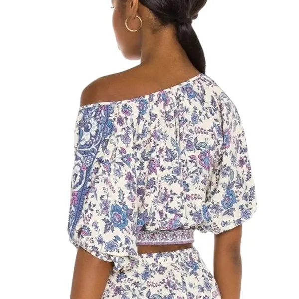 Joie Folk Song Cropped Off Shoulder‎ Floral Top Peasant Boho Purple Blue White S - Image 2