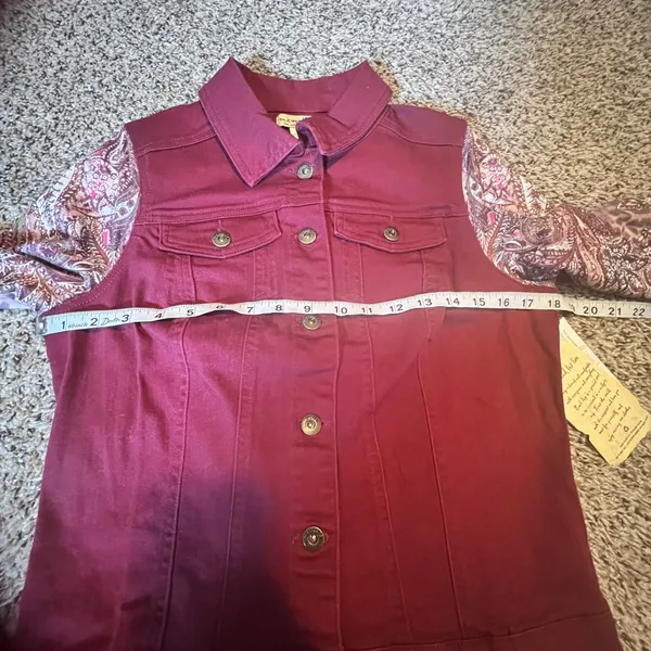 One World Womens Burgundy Denim Jacket Paisley‎ Print Lighweight Sleeve Size S - Image 5