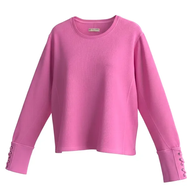 Free People We The Free Pink Waffle Knit Thermal Lace Up Sleeve Top L NWOT - Image 2