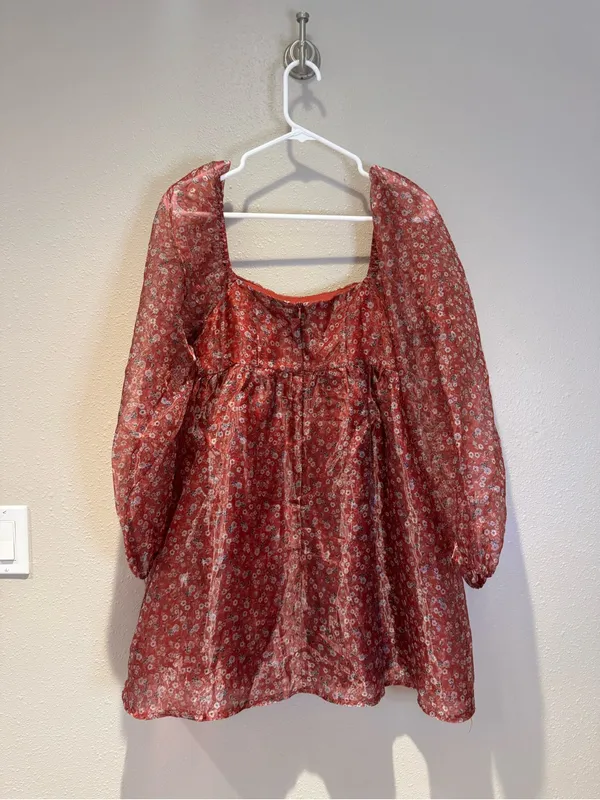 Altar’d State Romantic Rust Floral Sheer Puff Sleeve Mini Dress - Size Small - Image 3