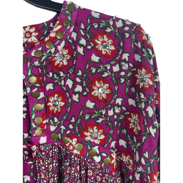 Free People Boho Floral Peasant Top M Purple Red Tie Up Studded Beaded Rayon - Image 15