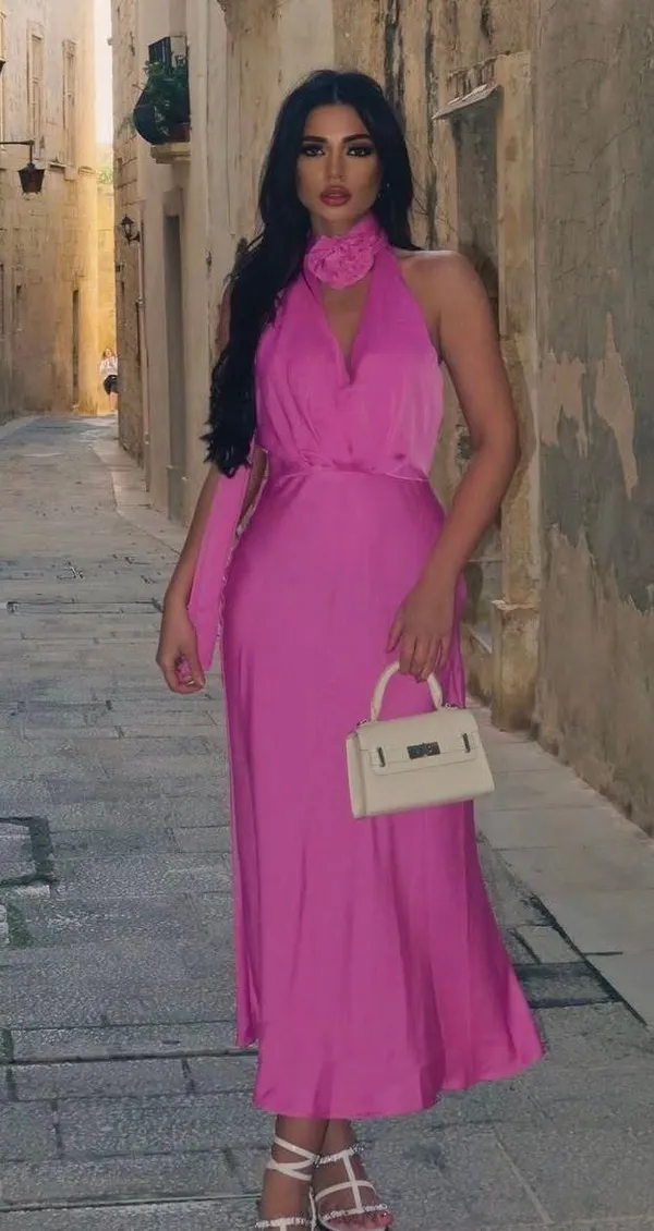 maxi dress pink satin effect floral tie scarf wedding party cocktail - Image 5