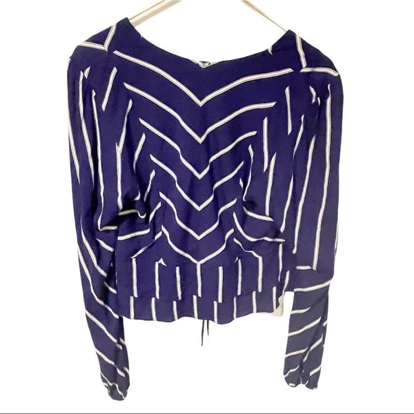 Free People‎ Medium Blue Stripe Samifran Ruffle Tie Front Cropped Top Blouse - Image 6