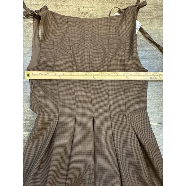 Zara Brown Houndstooth Check Square Neck Pleated A-Line Mini Dress Academia - Image 10