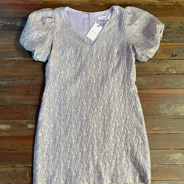 NWT Greylin Cali Jacquard Silk Blend Puff Sleeve Mini Dress Lavender L🧡🎀 - Image 4