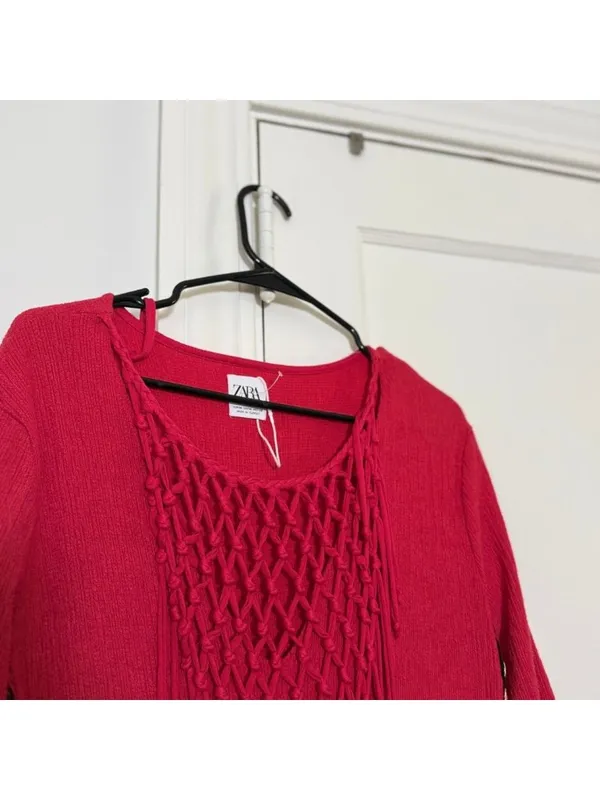 Zara Red Crochet Neck Knotted Macrame Gauzy Maxi Dress Medium 3/4 Sleeves - Image 2