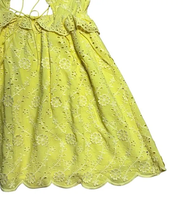 For Love & Lemons Yellow Eyelet Natalia Mini Dress Womens XL - Image 4