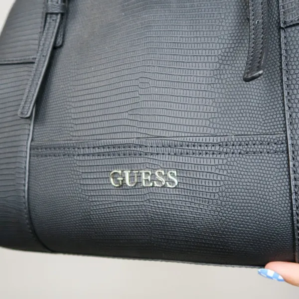 Guess Huntley Medium Cali Satchel In Black Faux Leather Alligator - Image 6