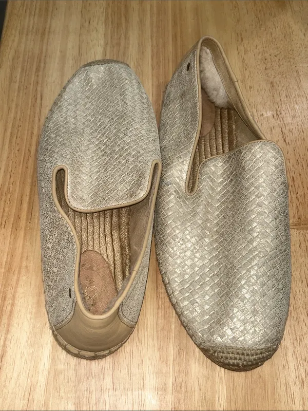 Ugg Womens Sandrinne Metallic Champagne Gold Woven Leather Espadrille Shoes sz12 - Image 2