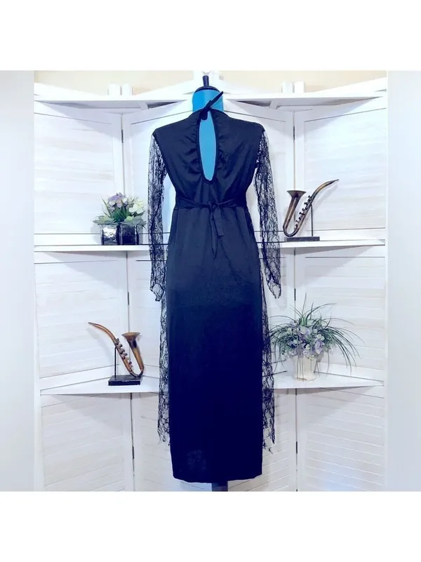 Vintage 90s Maxi Dress Black Lace whimsigoth dark fairy Ren fair Vamp Witchy M - Image 2