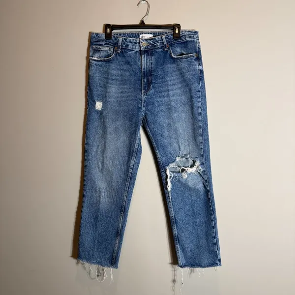 Zara TRF High Rise Distressed Straight Leg Denim Jeans Women's 14 Blue Raw Hem - Image 3