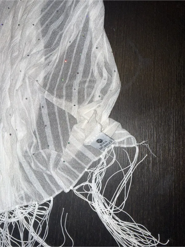 Jessica McClintock White Fringed Scarf with Subtle Sparkle - Image 4