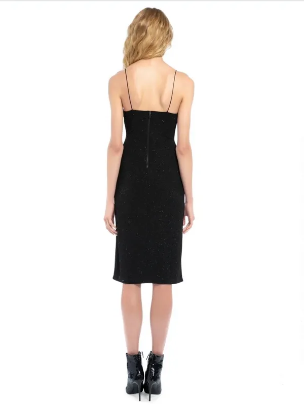Alice + Olivia Stila Midi Dress 8 Black LBD Side Slit Sparkle Minimalist Party - Image 3
