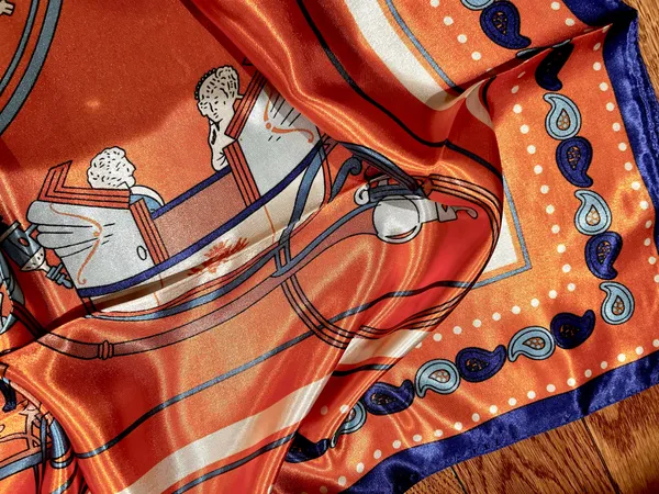 Vintage Equestrian HORSE&CARRIAGE print orange/blue oversized silky Scarf 35/35 - Image 9