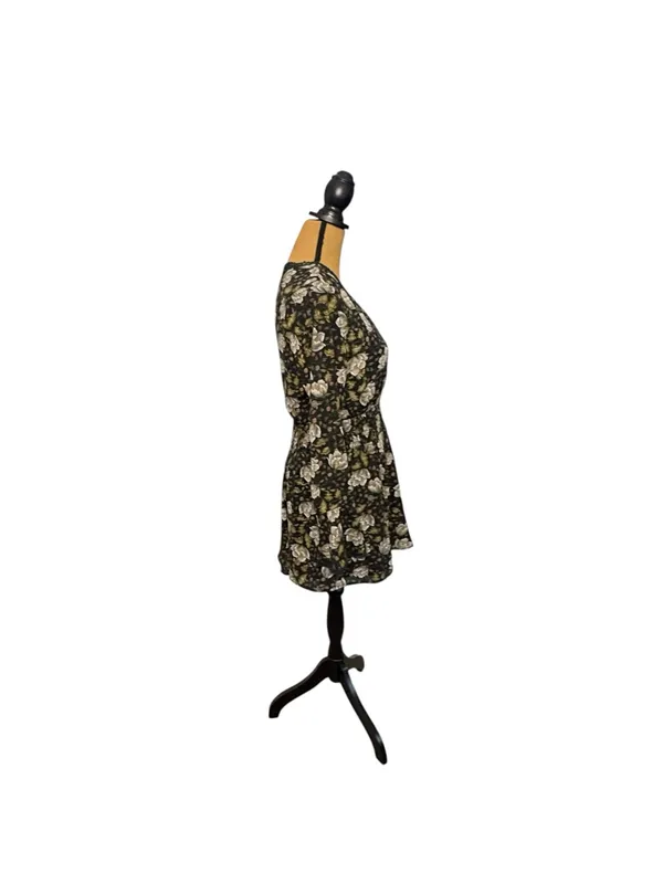 Doe & Rae Floral Mini Dress S Black Whimsigoth Bell Sleeve Smocked Boho - Image 2